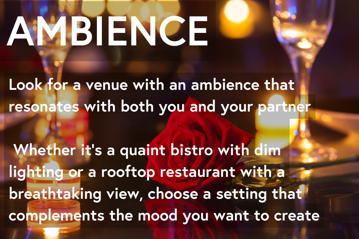 Ambience: Look for a venue with an ambience that resonates with both you and your partner. Whether it's a quaint bistro with dim lighting or a rooftop restaurant with a breathtaking view, choose a setting that complements the mood you want to create.
